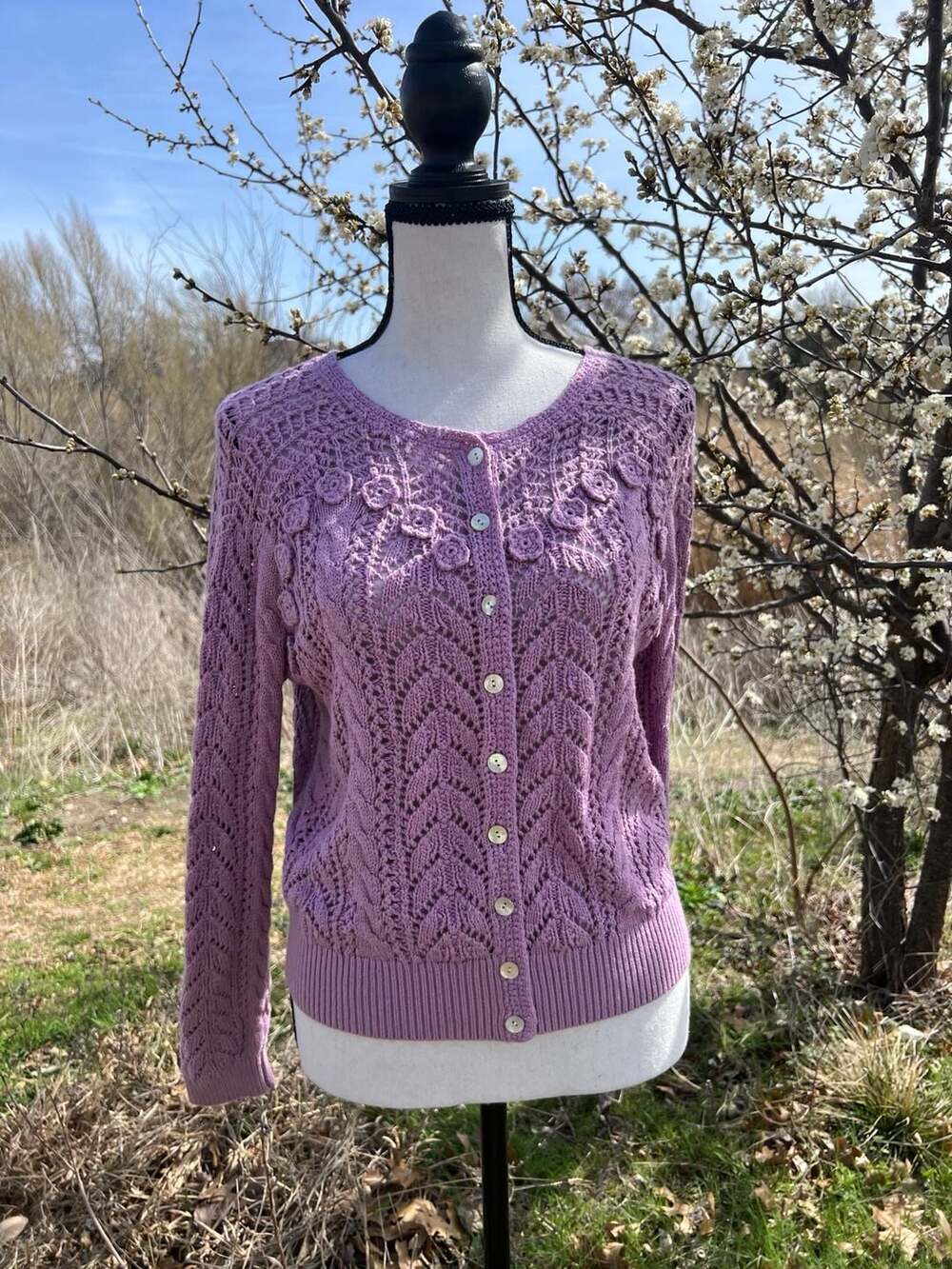 Sundance Lavender Crochet Floral Lace Knit Button Front Cardigan Sweater